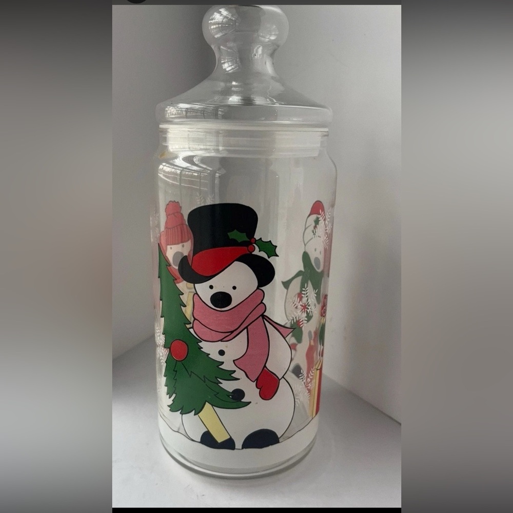 Vintage 80s Glass Christmas Snowman Polar Bear Holiday Cookie Jar Canister